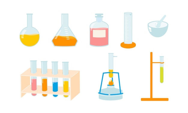 Vecteur équipement de jeu pour les leçons de chimie tubes à essai bunsen brûleur beaker cylindre verre de laboratoire scolaire