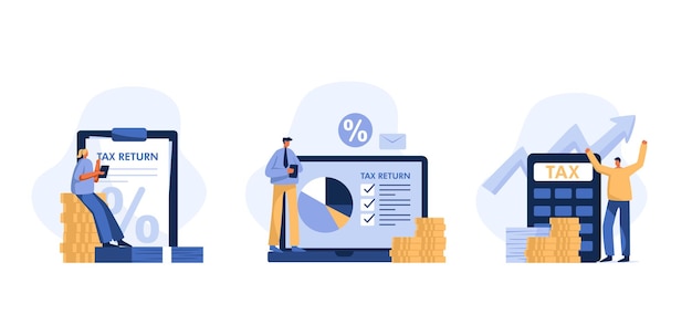 Vecteur faire la comptabilité des impôts et la paperasserie financière annuelle xamale et personnages féminins et documents ordinateur portable calculatrice illustration vectorielle