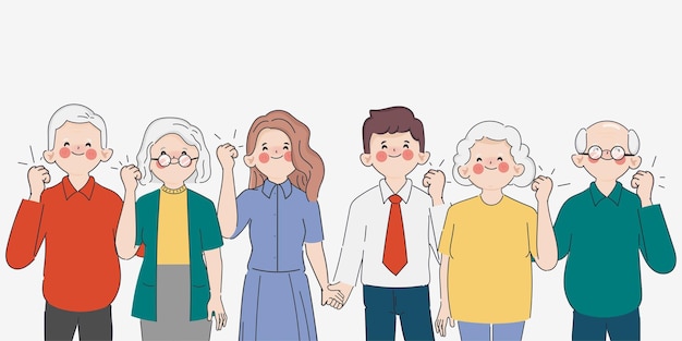 Famille heureuse père mère grand-mère grand-père et enfants personnage de dessin animé Doodle