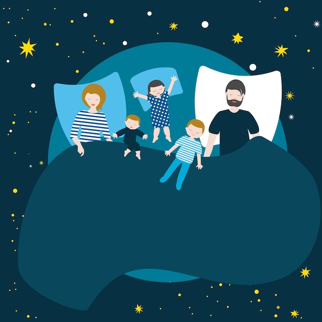 Famille de parents et trois enfants dormant ensemble dans le lit Illustration de dessin animé plat