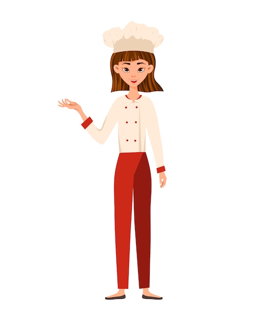 Femme chef cuisinier pointe la main vers le côté. Illustration vectorielle