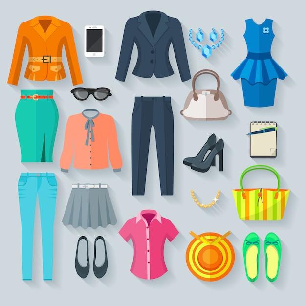 Femme vêtements collection couleur éléments ensemble de pantalon jupe chemisier robe jeans chaussures et accessoire illustration vectorielle isolé plat