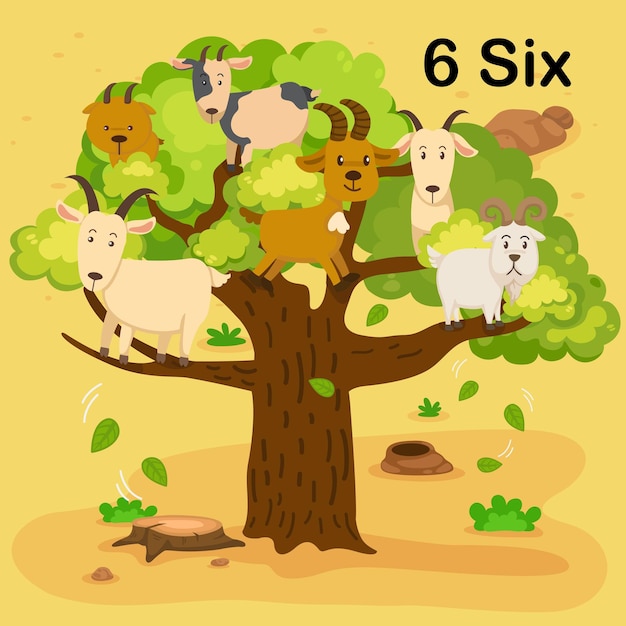 Flashcard numéro six avec 6 chèvres apprenant pour le vecteur d'illustration d'enfant