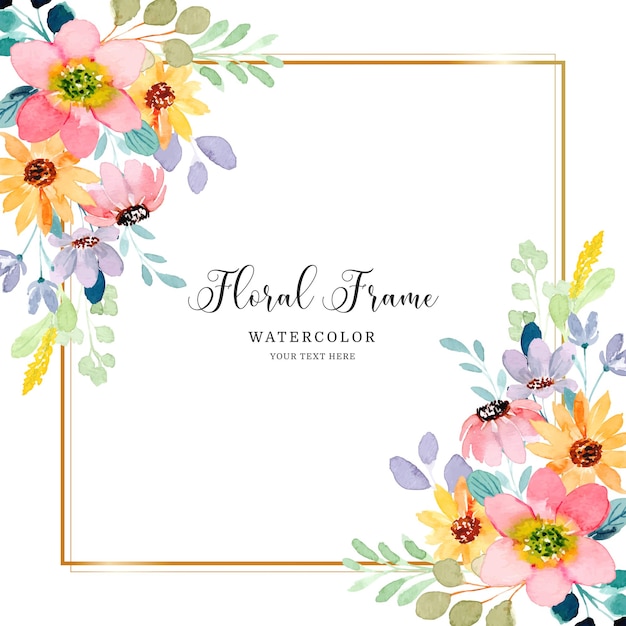 Fond floral aquarelle avec cadre doré