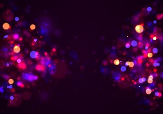 Fond lumineux violet et doré festif avec des lumières colorées dorées bokeh Concept de Noël Carte de voeux de Noël Bannière d'affiches de vacances magiques La nuit d'or brillant scintille Vector Light abstract