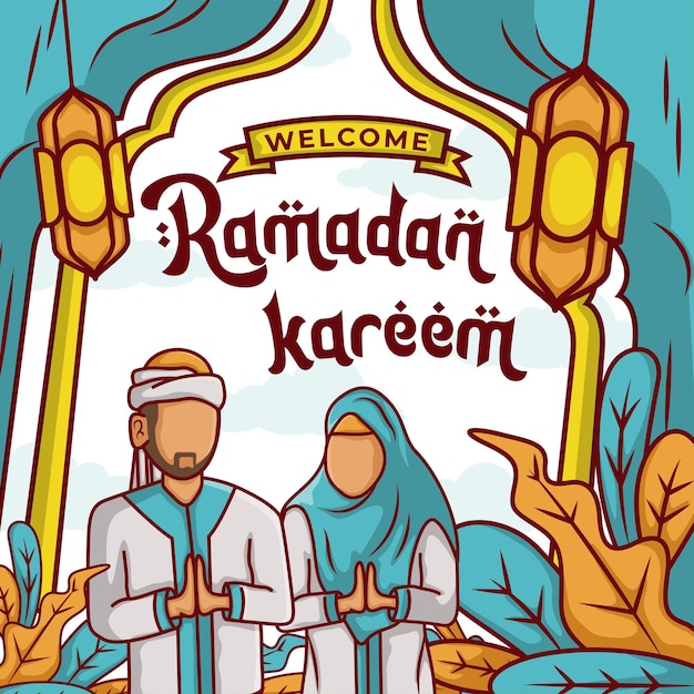 Fond de ramadan avec dessinés à la main des musulmans et ornement islamique du ramadan