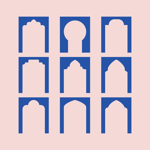 Vecteur des formes de fenêtres arabes minimalistes, des silhouettes de portes d'entrée d'archée marocaines, des arcs simples bleus vectoriels.