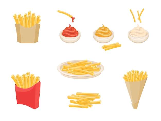 Vecteur frites en boîte pommes de terre frites croustilles sur assiette et cône en papier restauration rapide carton rouge trempette sauce ketchup mayonnaise et moutarde dessin animé ensemble vecteur exact