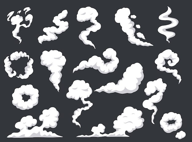 Vecteur fumée de dessin animé brume de nuage de vapeur comique fumées de gaz explosion de poussière ensemble d'effet de brouillard