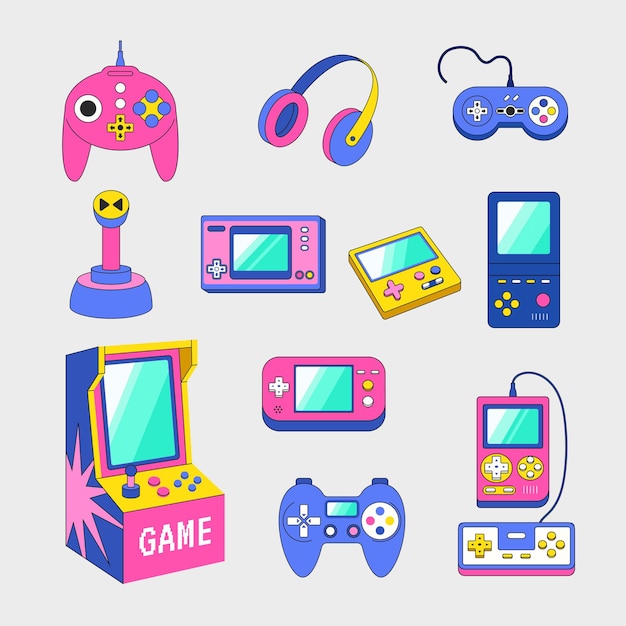 Vecteur des gadgets de jeux vidéo, des consoles gamepad pour nerds, des actifs vintage dans un style rétro, des images vectorielles récentes isolées.