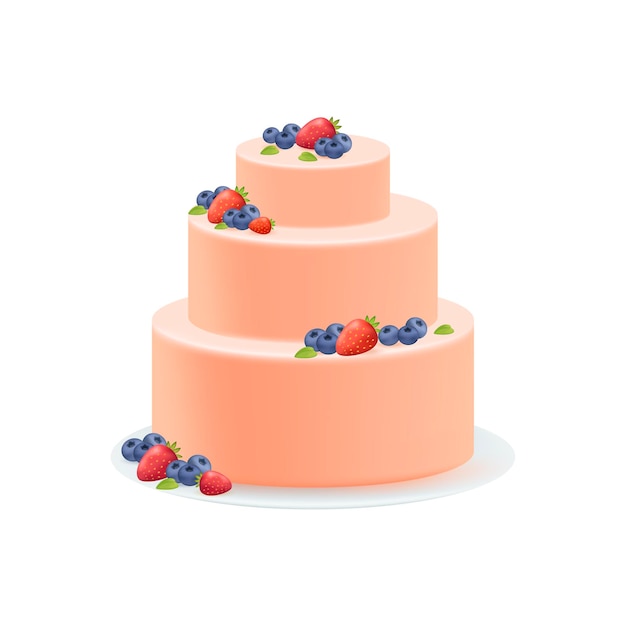 Gâteau aux baies fraîches pour l'illustration 3D d'anniversaire ou de mariage. Gros gâteau aux myrtilles et fraises pour événement ou fête en 3D sur fond blanc. Célébration, nourriture, concept de dessert