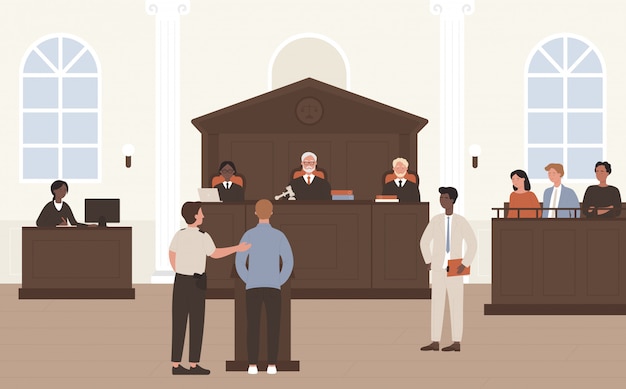 Vecteur les gens dans l'illustration de la cour. dessin animé avocat plat avocat et personnage accusé debout devant le juge et le jury sur le processus de défense juridique ou le tribunal, fond intérieur de la salle d'audience