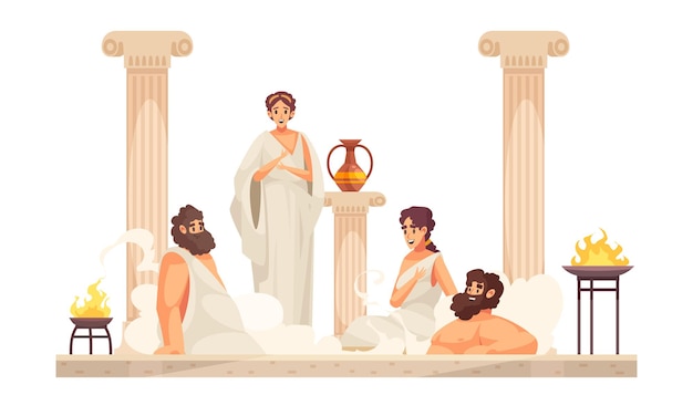 Les gens de la Rome antique portant des tuniques blanches assis dans un dessin animé de bain thermal