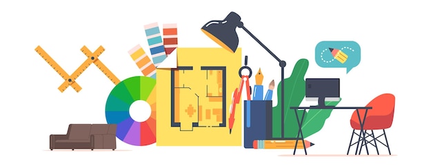 Graphiste Creative Studio Intérieur avec Immense Plan de Maison avec Aménagement de la Salle Ordinateur Pc sur Bureau Palette de Couleurs Lampe Papeterie et Meubles Art Numérique Lieu de Travail Dessin Animé Illustration Vectorielle