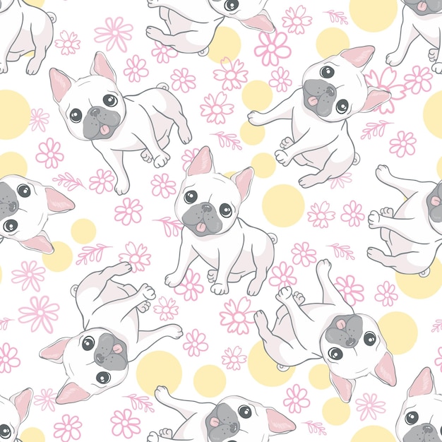 Groupe de chiens heureux modèle sans couture de bouledogue français Illustration vectorielle