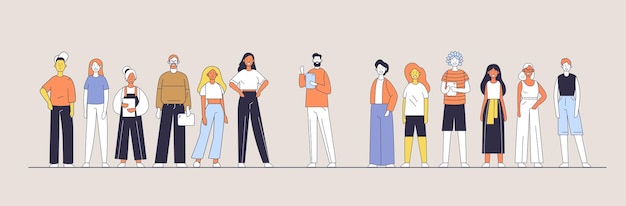 Vecteur un groupe diversifié de personnes debout dans une rangée de différentes tenues et pose un style de conception plat minimaliste