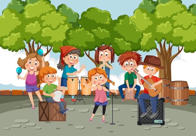 Groupe de musique pour enfants jouant au parc