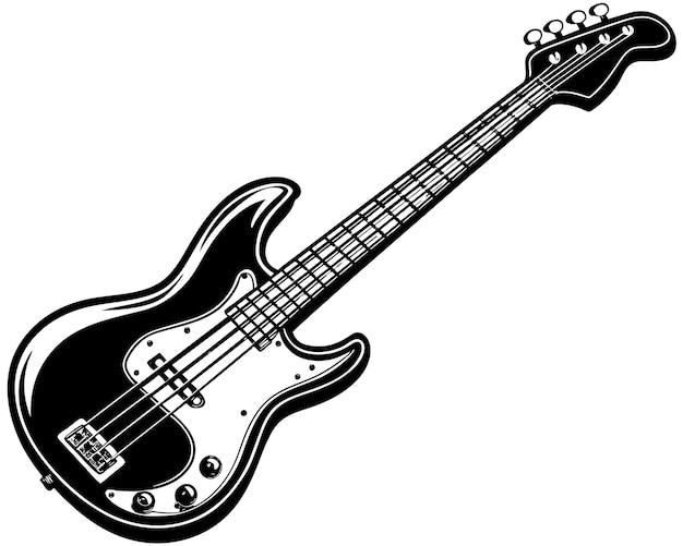 Vecteur une guitare basse blanche avec un fond noir et blanc