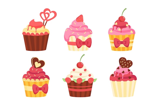 Vecteur happy valentine day cupcakes set pack de desserts et délicatesses avec chocolat et baies symbole des vacances et des festivals collection de vecteurs plats de dessins animés isolés sur fond blanc