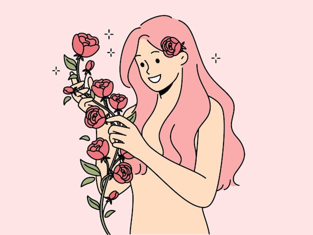 Vecteur heureuse femme nue avec des roses dans les mains