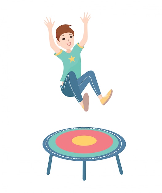 Vecteur heureux garçon sautant sur un trampoline. illustration colorée sur fond blanc.