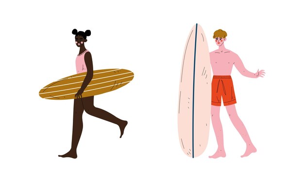 Vecteur homme et femme surfeurs debout avec un ensemble de vecteurs de planche de surf