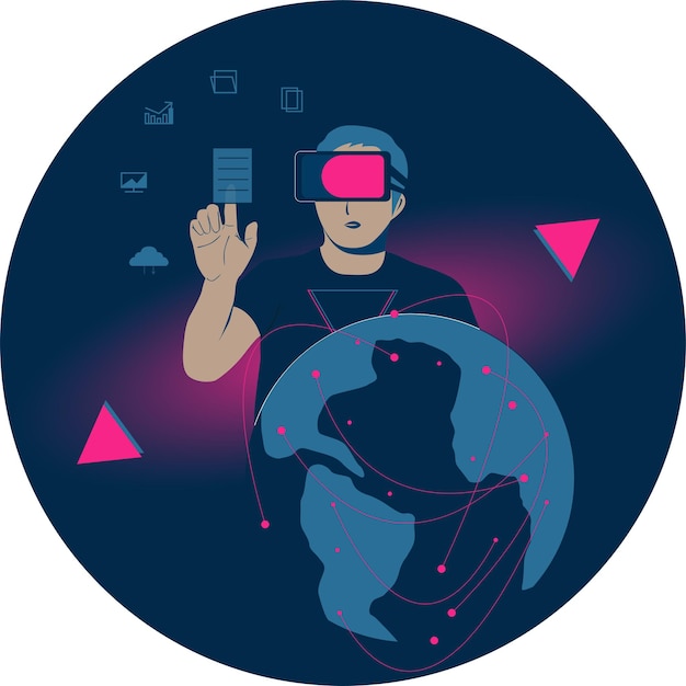 Un homme portant des lunettes virtuelles se trouve dans le métaverse Échange de données des technologies futures dans l'espace virtuel