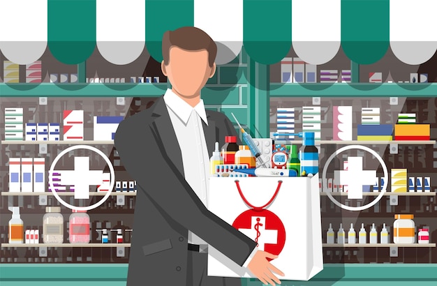 Homme tenant un sac de pharmacie devant le magasin de pharmacie Ensemble de bouteilles comprimés pilules capsules et sprays pour le traitement de la maladie et de la douleur Médicament médical vitamine antibiotique Illustration vectorielle plane