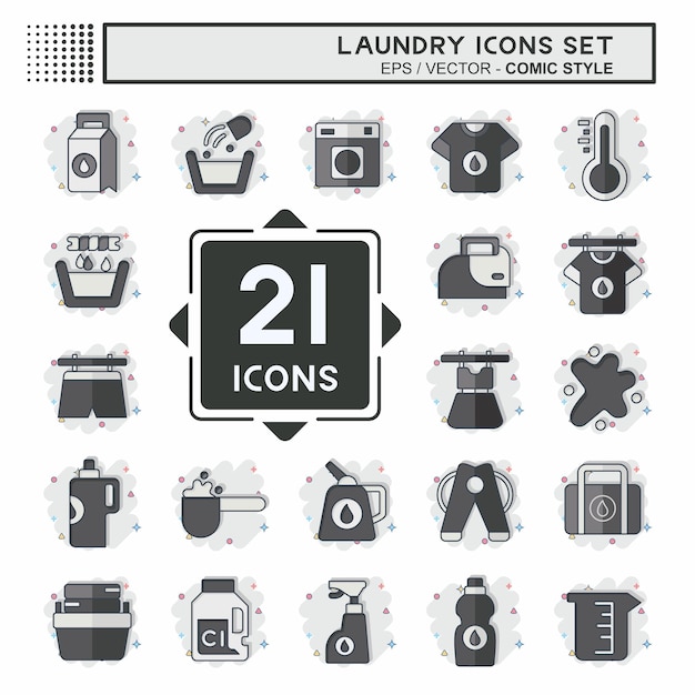 Icon Set Laundry lié au style de bande dessinée du symbole de nettoyage