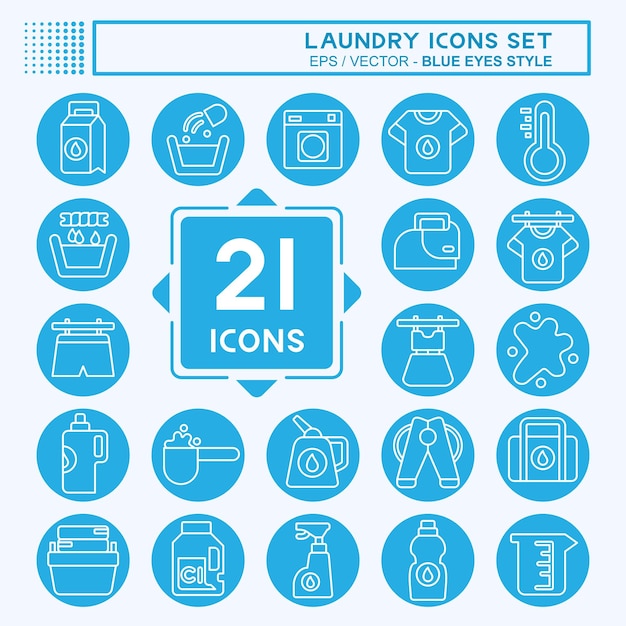 Icon Set Laundry lié au symbole de nettoyage style yeux bleus