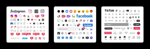 Icône de boutons Instagram Facebook Tik Tok Définir l'écran des médias sociaux et le modèle d'interface de réseau social Histoires symbole signe logo Histoires aimé activité de flux Illustration vectorielle éditoriale