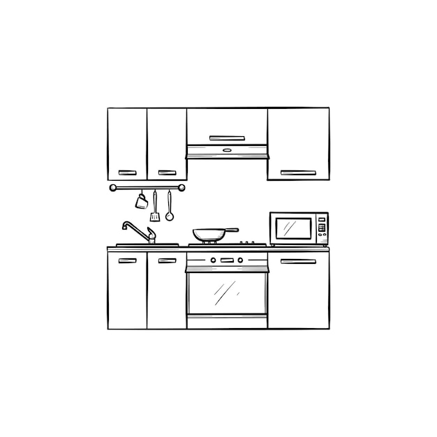 Icône de doodle contour dessiné main intérieur cuisine. Meubles pour illustration de croquis de vecteur intérieur de cuisine pour impression, web, mobile et infographie isolé sur fond blanc.