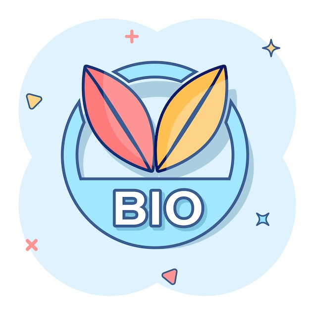 Vecteur icône d'insigne d'étiquette bio de dessin animé de vecteur dans le style comique pictogramme d'illustration de concept de timbre de produit biologique eco concept d'effet d'éclaboussure d'entreprise d'aliments naturels eco