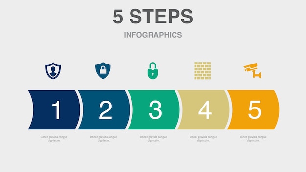 Vecteur icônes de caméra de sécurité de mur de briques de verrouillage de protection de sécurité modèle de conception infographique concept créatif avec 5 étapes