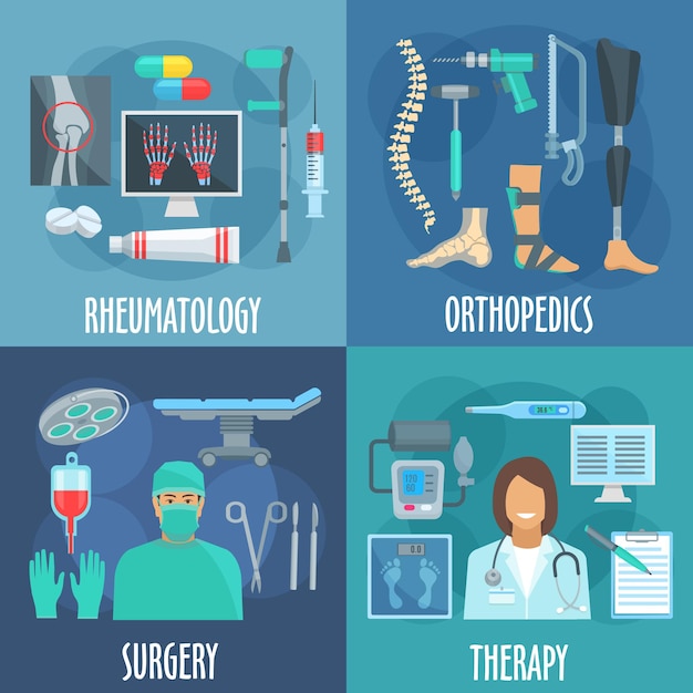 Icônes de chirurgie, thérapie, orthopédie et rhumatologie avec symboles plats de médecins, table d'opération et outils de chirurgie, formulaire de contrôle