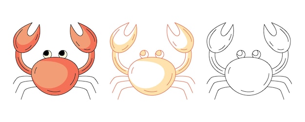 Vecteur icones de crabes mignons colorés et en ligne sur une plage d'été sous-marine