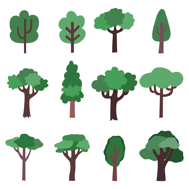 Icônes de dessin animé d'arbre Icônes de sihouette forestière Collection d'arbres vectoriels