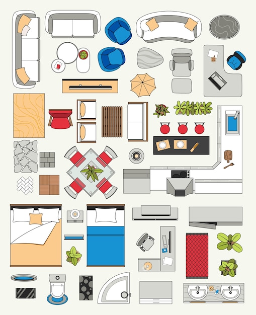 Vecteur icones de meubles en plan d'étage dessinées à la main