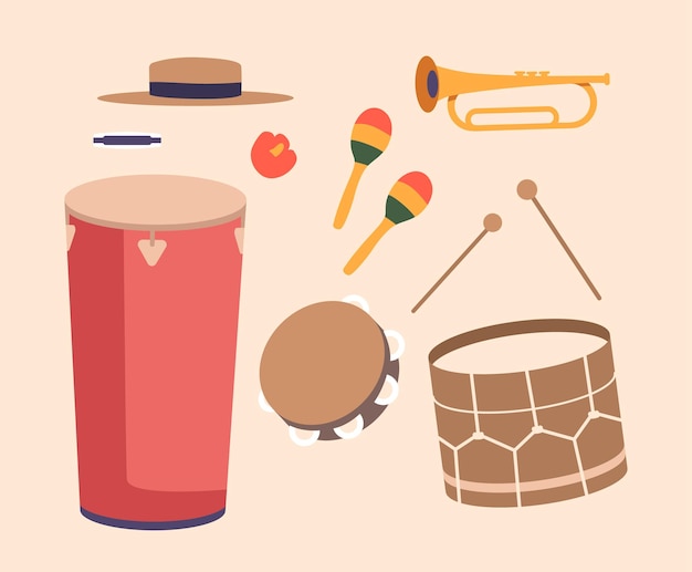 Vecteur icones de la musique latine set chapeau tambour avec bâtons harmonica et tambourine avec maracas et trompette éléments isolés pour la performance de spectacles musicaux illustration vectorielle de dessins animés