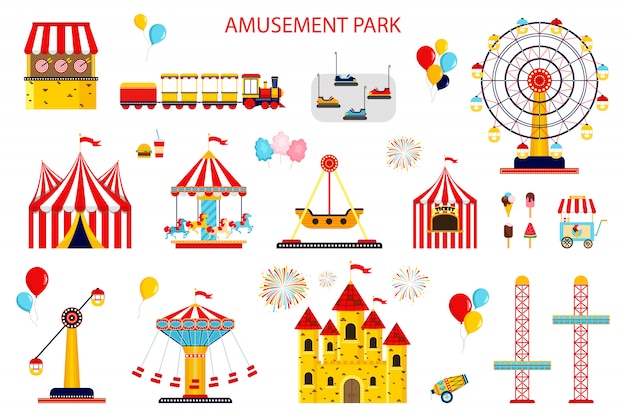 Icônes plates de parc d'attractions. carrousels, toboggans, ballons, drapeaux, château de trampoline gonflable, grande roue, kiosque mobile avec des bonbons, catapulte isolé sur fond blanc