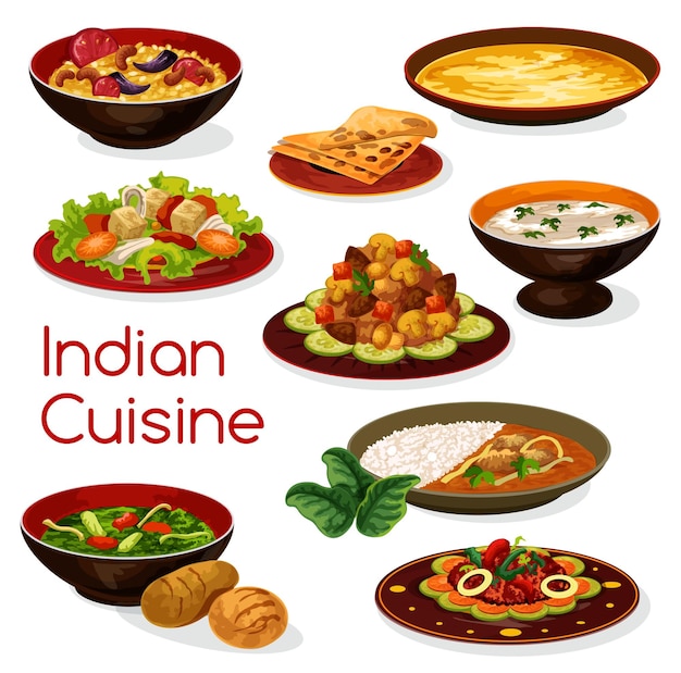 Vecteur icônes et plats de repas de cuisine indienne