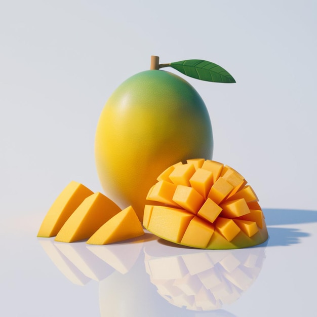 Vecteur illustration 3d d'une mangue entière et de ses morceaux coupés affichés