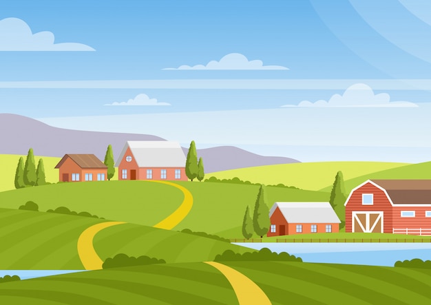 illustration de beau paysage de campagne avec des champs, aube, collines vertes, ferme, maisons, arbres, ciel bleu de couleur vive, fond en style cartoon.