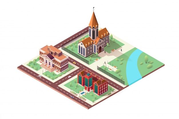 Illustration avec bibliothèque, cathédrale et musée.