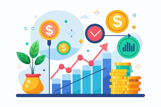 Vecteur une illustration colorée représentant la croissance financière représentée par un graphique à barres une flèche vers le haut des piles de pièces et une plante poussant dans un pot