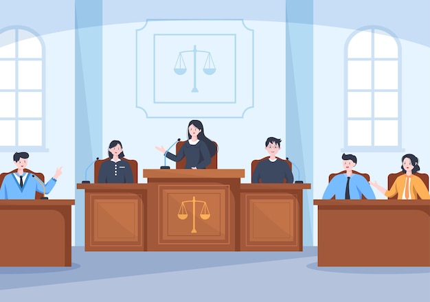 Vecteur illustration de la cour il y a une décision de justice et un avocat avec un marteau de juge en bois