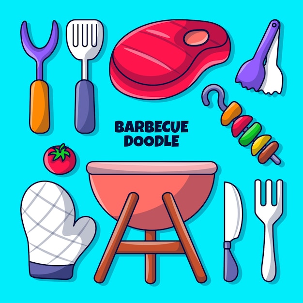 Illustration de doodle dessinés à la main barbecue coloré avec style de contour