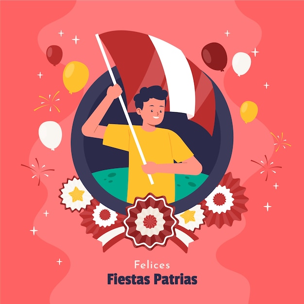 Illustration de fiestas patrias plat avec personne tenant un drapeau et des ballons