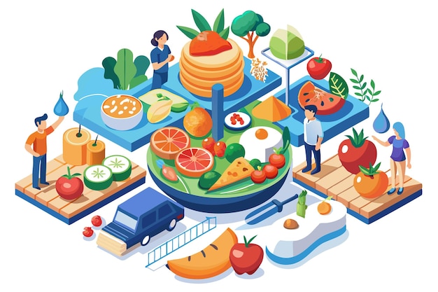 Vecteur illustration isométrique de fruits et légumes alimentaires sains