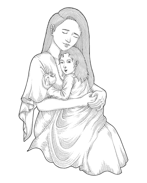 Illustration de la mère et de l'enfant étreignant